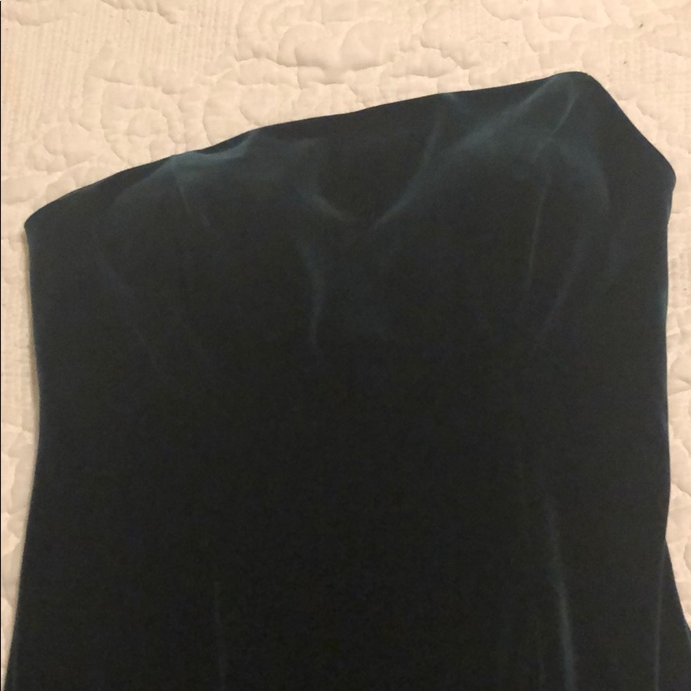 Floor length emerald green velvet dress